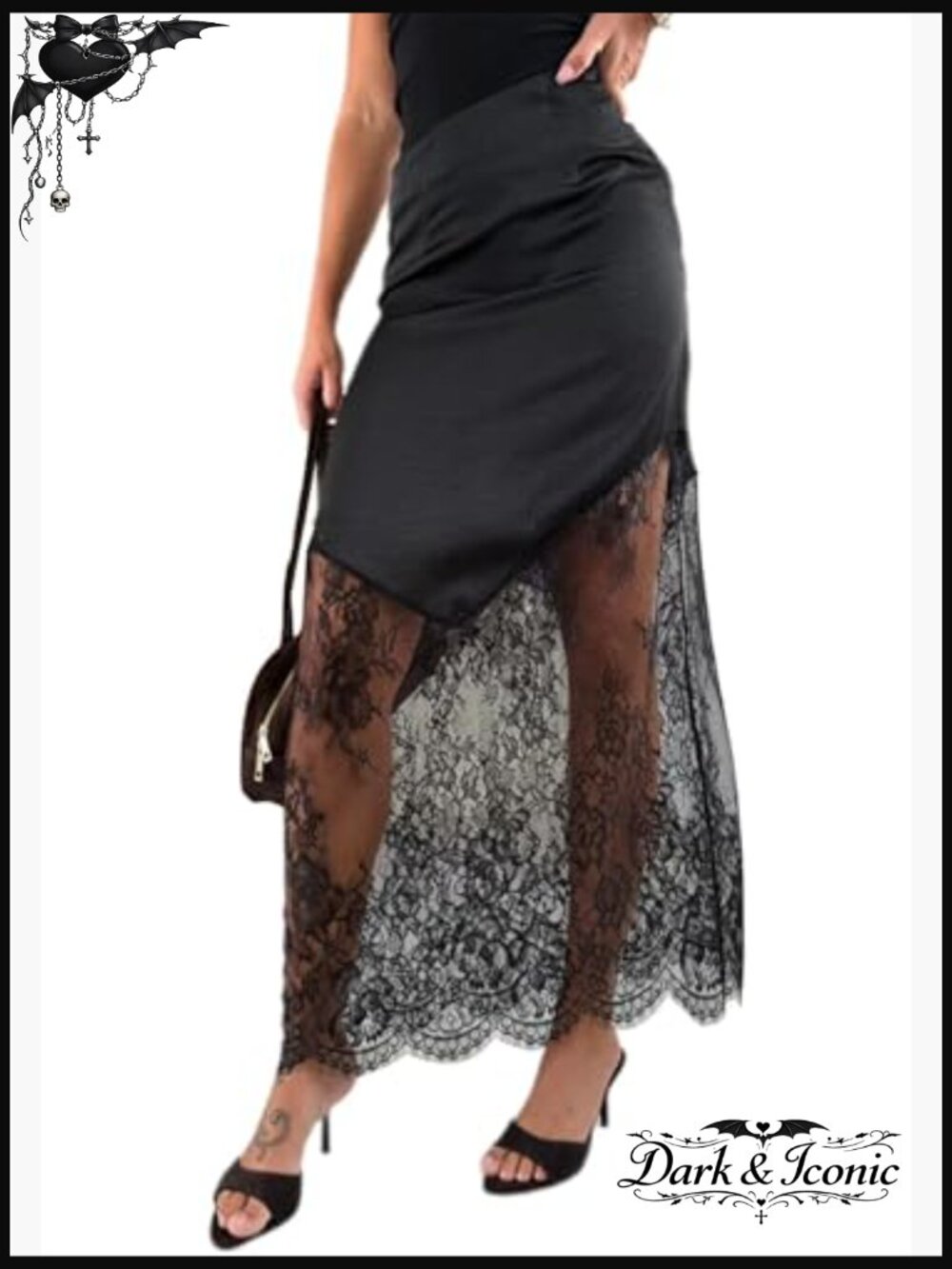 Long Lace Maxi Skirt with Satin Slip, Elastic Waist, Boho A-Line Style - Picture 2 of 7